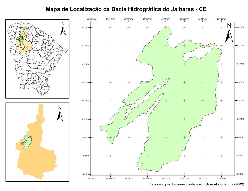 RESULTADOS E DISCUSSÕES A bacia hidrográfica do Jaibaras - CE (Mapa 01) forma uma das mais importantes subbacias da bacia hidrográfica do Acaraú.