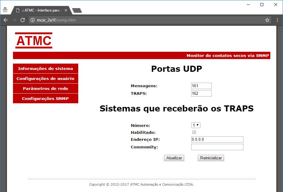 Configuração SNMP: Sugere-se manter os dados das portas UDP indicados, pois seguem informações do protocolo SNMP.