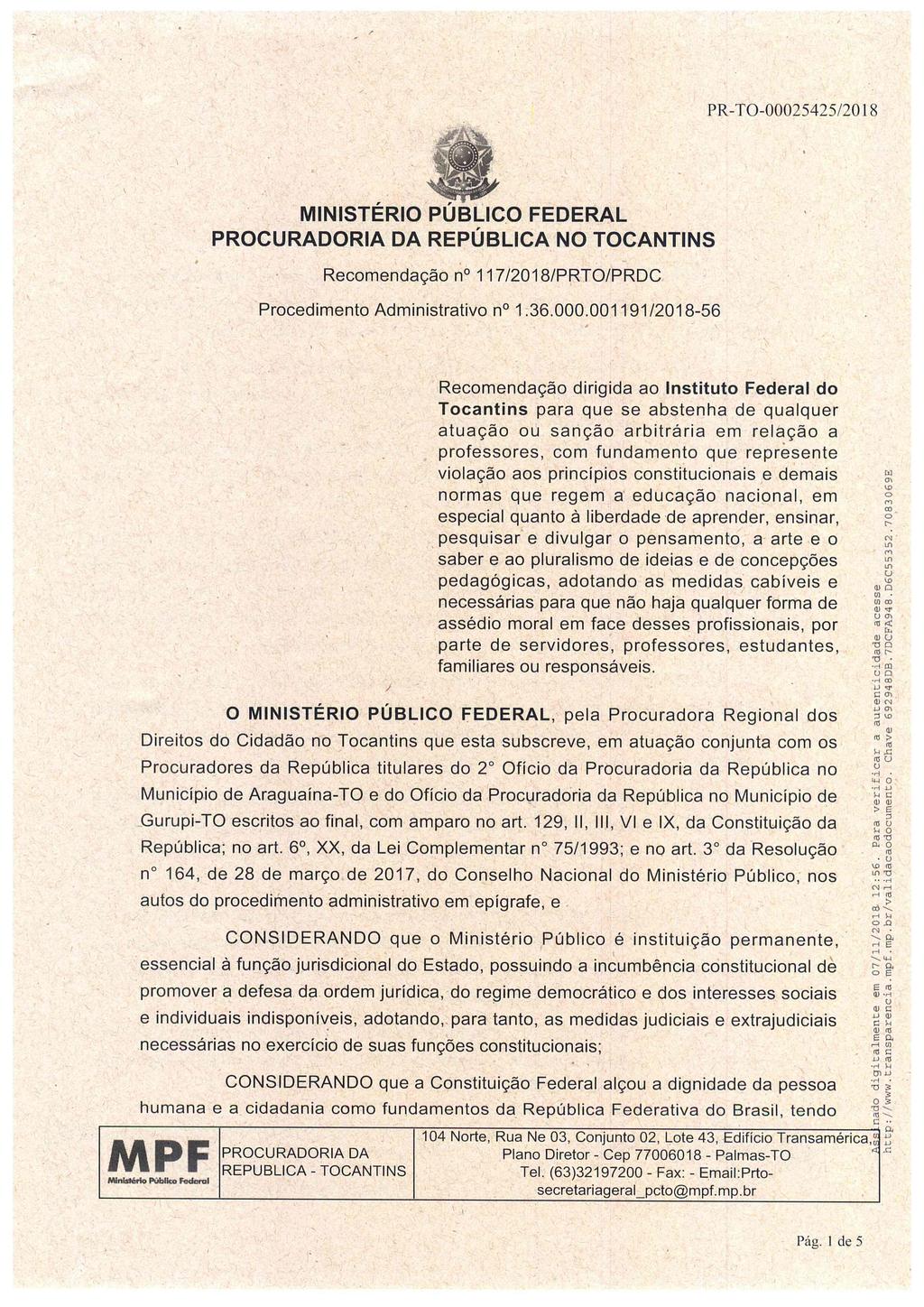 MINISTÉRIO PÚ Recomendação no 117/2018/PRTO/PRDC Procedimento Administrativo no 1.36.000.