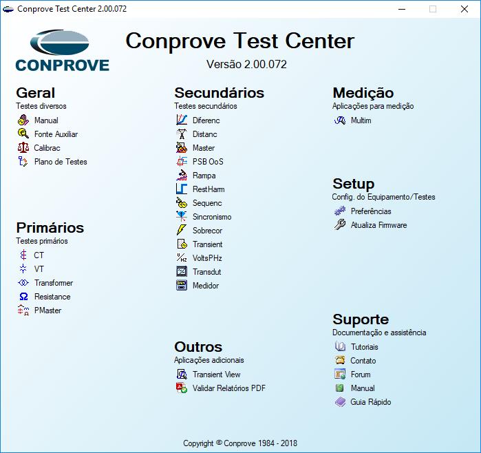 Fig. 1. Tela principal da plataforma Conprove Test Center (CTC) A Figura 2 ilustra um exemplo de relatório gerado automaticamente pelos softwares da plataforma CTC.