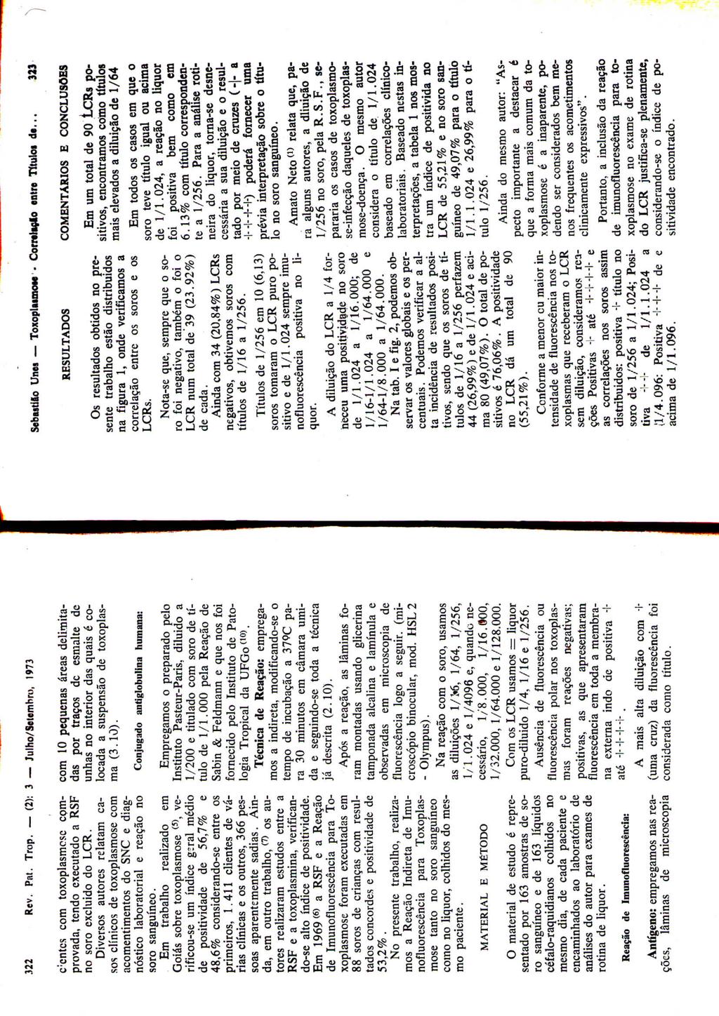 322 Rev. Pat. Trop. (2); 3 Julho/Selembro, 1973 Sebutllo Unes ToxoplaunoM - Corrdiçio entre Títulos de... 323 c:cntcs com toxoplasmcsc comprovada, tendo executado a RSF no soro excluído do LCR.