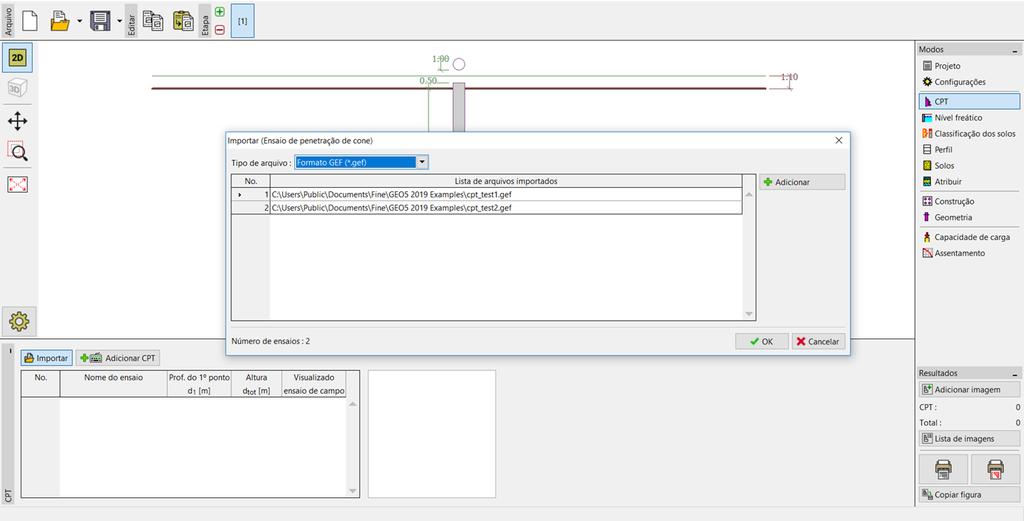 Agora, vamos passar à janela CPT. Aqui, vamos importar os ensaios existentes para o programa, através dos botões Importar e Adicionar. Janela CPT Nota: Os ficheiros para importação (cpt_test1.