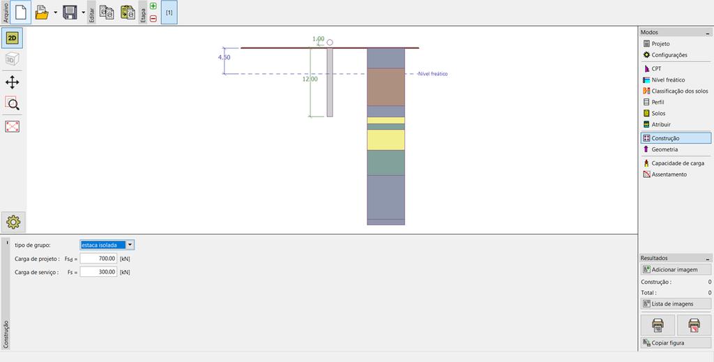 Na janela Construção, selecione a opção estaca isolada. De seguida, defina o valor da carga vertical máxima atuante na estaca, conforme mostra a imagem abaixo.
