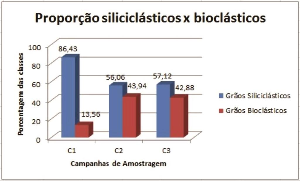 de grãos bioclásticos. Em C2, a porção siliciclástica dos grãos representou, em média, 56,06% do total de cada amostra, enquanto os grãos bioclásticos tiveram média de 43,94%.