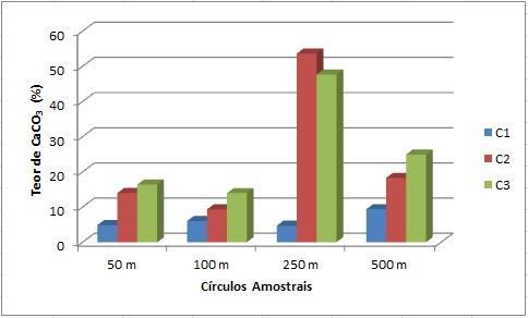 19 250 m da campanha C2. Para os dados da campanha C1 as variações são mais suaves e a variação máxima não chega a 5%. Nesta campanha os maiores valores foram encontrados no raio de 500 m (fig. 4.3).