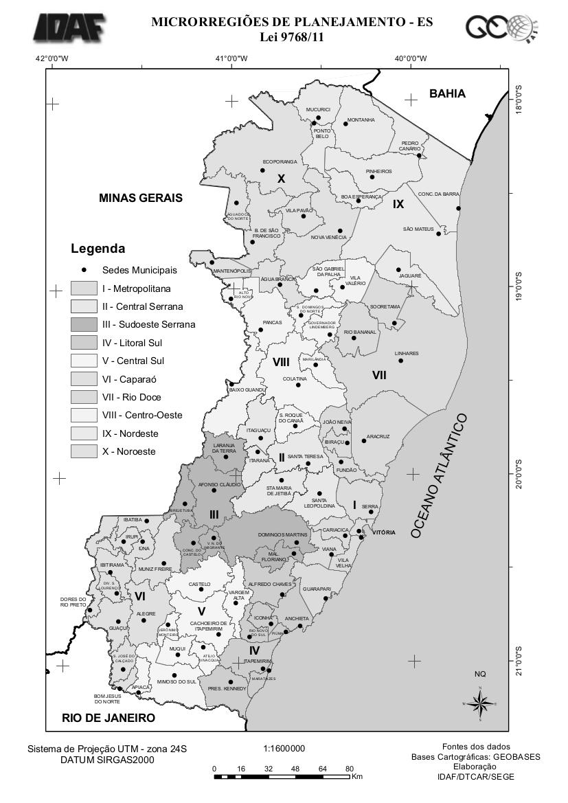 Figura 4 Divisão política do Espírito Santo por municípios e microrregiões Fonte: Idaf, 2014. Disponível em: www.idaf.es.gov.