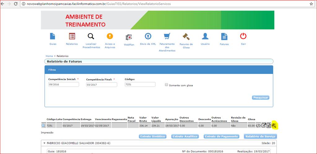 6.6 Clicar no icone para iniciar a revisão de glosa via FacFatPrest. Figura 48 botão de geração de recurso de glosa 6.7 Informar na opção Valor Solicitação o valor em R$ do recurso de glosa.