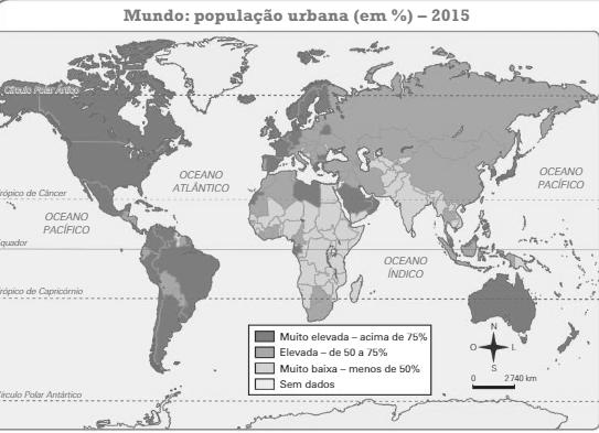 5) Observe o mapa abaixo. A partir dos dados do mapa podemos concluir que: A) A África é o continente com menor taxa de urbanização. B) O Brasil é um país com taxa de urbanização pequena.