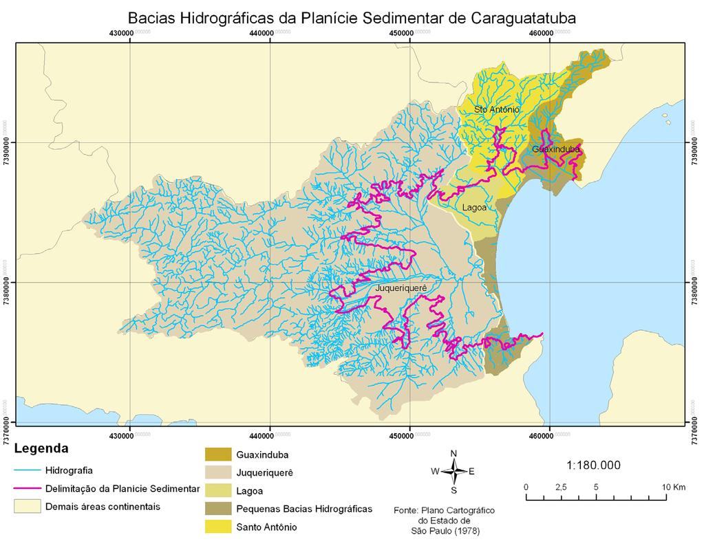 Figura 1 - Bacias Hidrográficas da Planicie Sedimentar de Caraguatatuba O Rio Guaxinduba é responsável pela drenagem de uma pequena área da Planície, constituindo uma das menores bacias hidrográficas