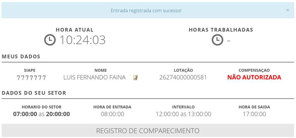 5. 1a, 2a, 3a e 4a Batidas no SISREF Ao acessar o SISREF exibe-se a tela do Registro de Comparecimento,