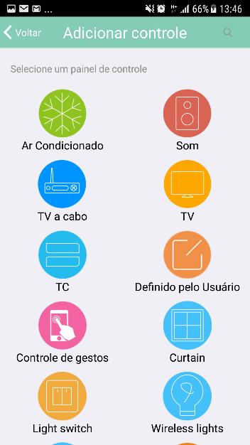 5. Alternativamente ao procedimento descrito nos passos 1 a 4, você pode abrir a página Adicionar Controle diretamente a partir da página principal do aplicativo, clicando em + e selecionando a opção