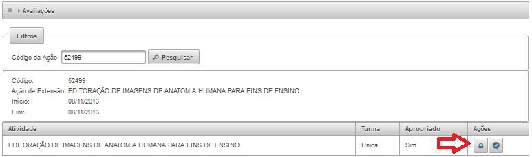 b. O sistema exibirá as turmas pertencentes à ação de extensão pesquisada, para imprimir as menções de determinada turma, clique no botão correspondente à turma que