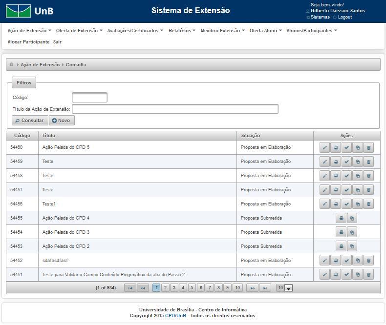 2. Propostas de Ação de Extensão Nessa tela é possível visualizar as propostas de ação cadastradas no sistema, localizar uma proposta, efetuar ações como inclusão, edição, exclusão, impressão de