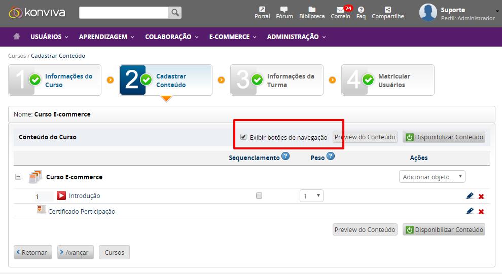 Mostrar Descrição Também é possível adicionar uma descrição do objeto de aprendizagem e configurar, para cada objeto, se ela será exibida na árvore de conteúdo e/ou no player para o aluno.