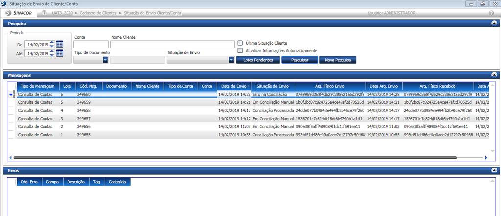 2. Inserir filtro por período; a. situação de envio: Erro na conciliação; 3. Clicar em pesquisar; 4.