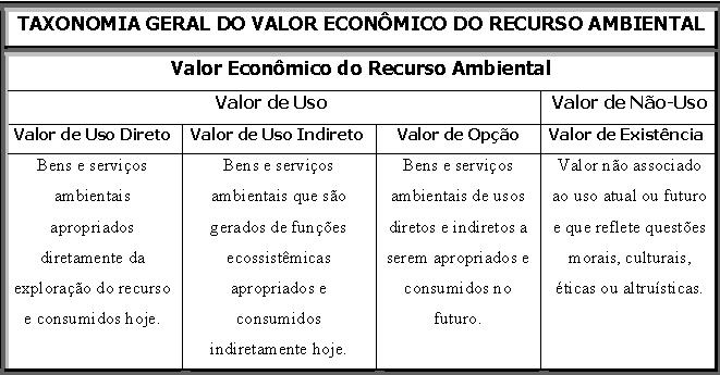 Assim segundo MOTTA (1998), o valor econômico dos recursos ambientais (VERA) pode ser expresso da seguinte forma: VERA = (VUD + VUI + VO) + VE Onde: Valor de Uso Direto (VUD) valor atribuído a um