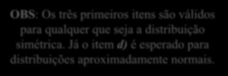 50% das obs. Para uma distribuição simétrica ou aproximadamente simétrica, deveríamos ter: a) Q 2 x (1) x (n) Q 2, isto é, a dispersão inferior seja aproximadamente igual a dispersão superior.