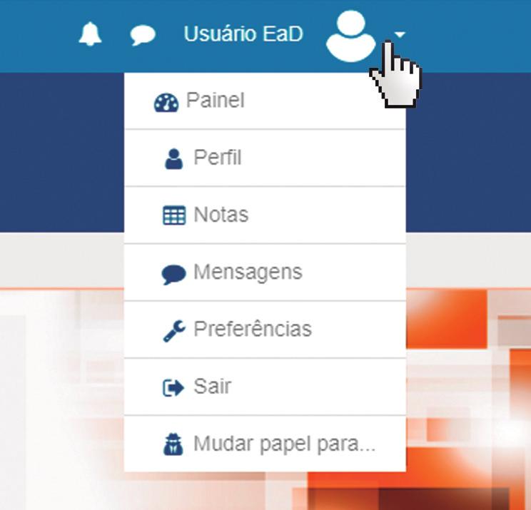 PÁGINA INICIAL 7. PERFIL Clicando em seu nome, foto ou seta ao lado, você terá acesso a: 7.1 Painel Apresenta um resumo dos cursos e andamento das atividades. 7.2 Perfil Neste item você poderá configurar o seu perfil, adicionando uma foto, descrição, interesses etc.