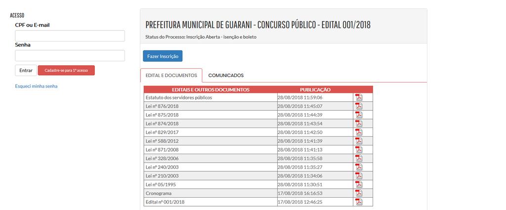 PREFEITURA MUNICIPAL DE GUARANI CONCURSO PÚBICO EDITAL 001/2018: As publicações