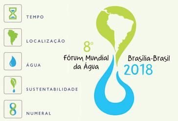 A logomarca para o 8º Fórum Mundial da Água em 2018 foi concebida considerando a combinação de cinco elementos básicos que representem o tempo, a localização, a água, a sustentabilidade e o numeral