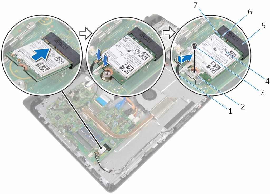 6 Recoloque o parafuso que prende o suporte da placa de rede sem fio e a placa de rede sem fio à placa de sistema.