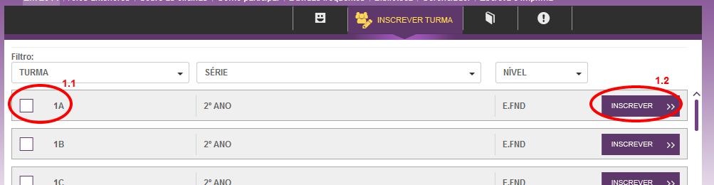 2 Mas, se a inscrição for para mais de uma turma, assim que você selecionar a segunda (1.3) verá acima os combos para selecionar a oficina (1.4) e o período (1.5).