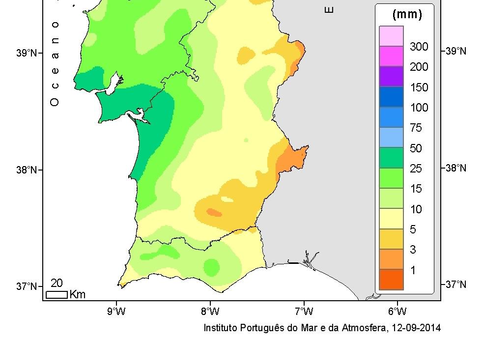 8 Previsão mensal para Portugal Continental 3 Período de 15/09 a 12/10 de 2014: Na precipitação total semanal prevêem-se valores acima do normal, para todo o território, na semana de 15/09 a 21/09 e