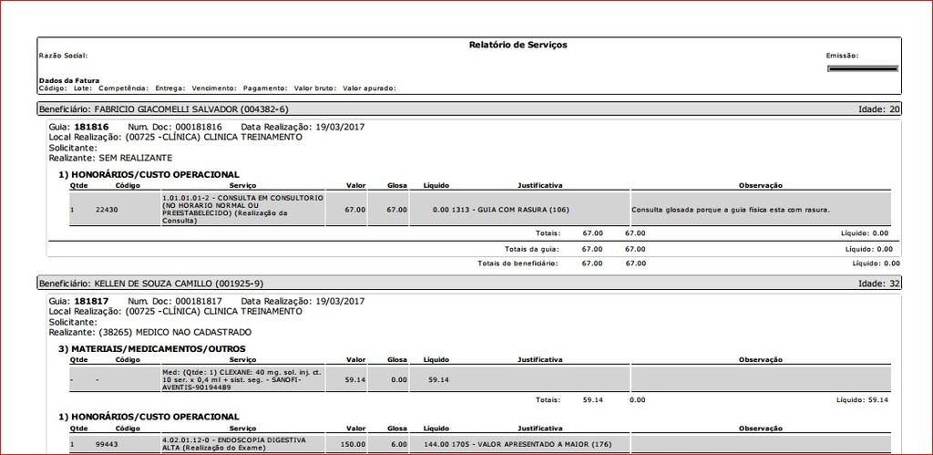 Figura 17 relatório de conferência da fatura Observação: Os medicamentos e taxas