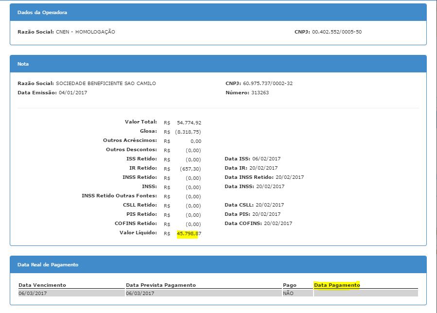 Figura 31 XML de conferência de fatura O ícone, tem como finalidade a visualização dos valores para emissão da Nota Fiscal e/ou os valores liberados para pagamento da fatura representado na figura 32.