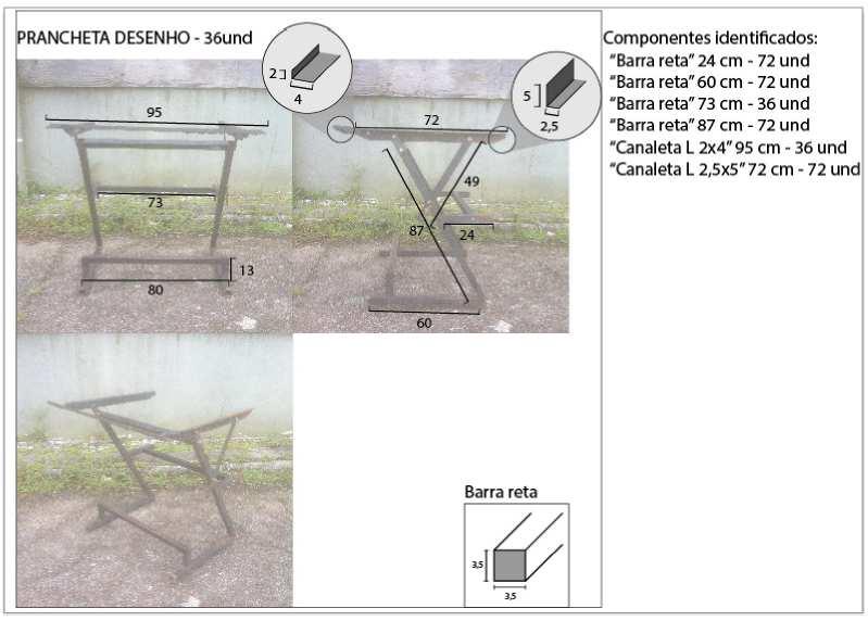 Croquis Técnicos Os croquis técnicos contem registros fotográficos em diferentes vistas dos mobiliários juntamente com as medidas em centímetros das principais partes.