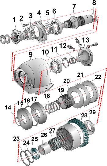 Tomada de força independente da embreagem - Principais componentes Carcaça Superior 1- Flange 2- Vedador 3- Guarda-Pó 4- Tampa Traseira 5- Anel Espaçador 6- Rolamento de Esfera 7- Eixo de Saída da