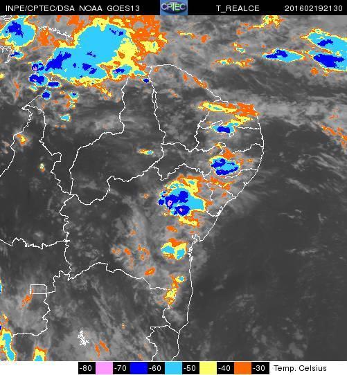 Figura 1 Imagem do satélite meteorológico GOES 13 no dia 19 de fevereiro de 2016 às 21:30 UTC (18:30 Hora Local), mostra muitas nuvens carregadas sobre o norte do Maranhão. Fonte: CPTEC.