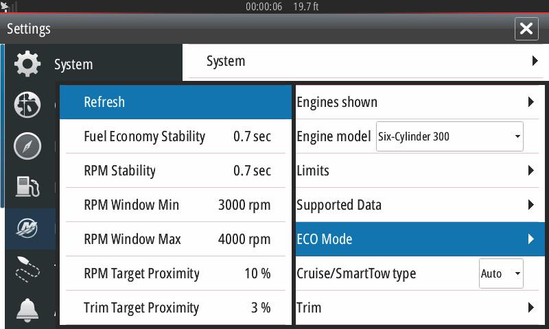 Seção 4 - Configuração e Calibragens Modo ECO A opção de menu do Modo ECO mostra os parâmetros de funcionamento atuais para manter o motor otimizado para a melhor eficiência de combustível.