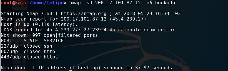 Nmap Teste 3: Este teste executa uma varredura mais específica, buscando respostas usando o protocolo UDP. A sintaxe utilizada foi: nmap -su 200.17.101.87.