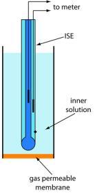 Eletrds sensíveis a gás disslvid: Eletrd de vidr cntid numa manga externa cm sluçã aqusa e separada da sluçã de teste pr membrana