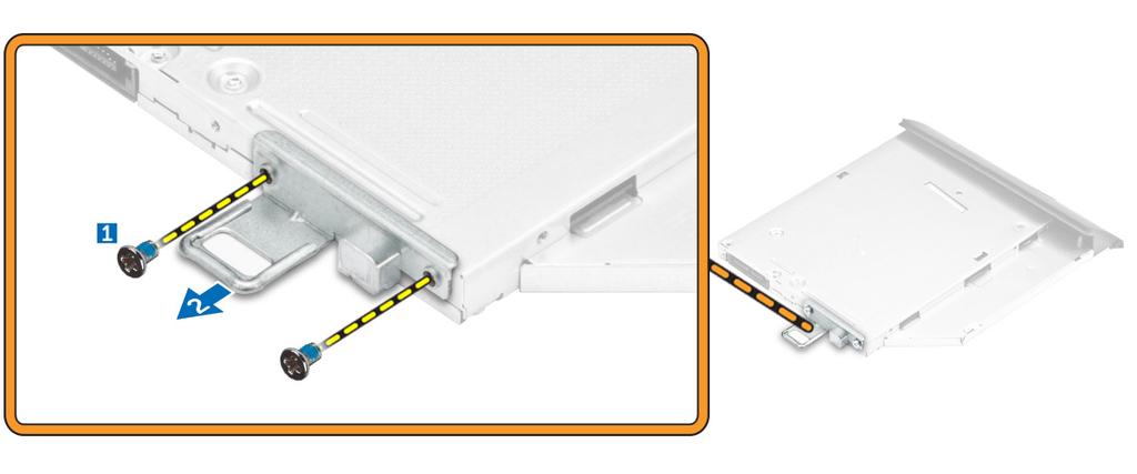 Como instalar o conjunto da placa óptica 1 Coloque o suporte para alinhar os suportes de parafuso na unidade óptica. 2 Aperte os parafusos para prender a unidade óptica ao respectivo suporte.