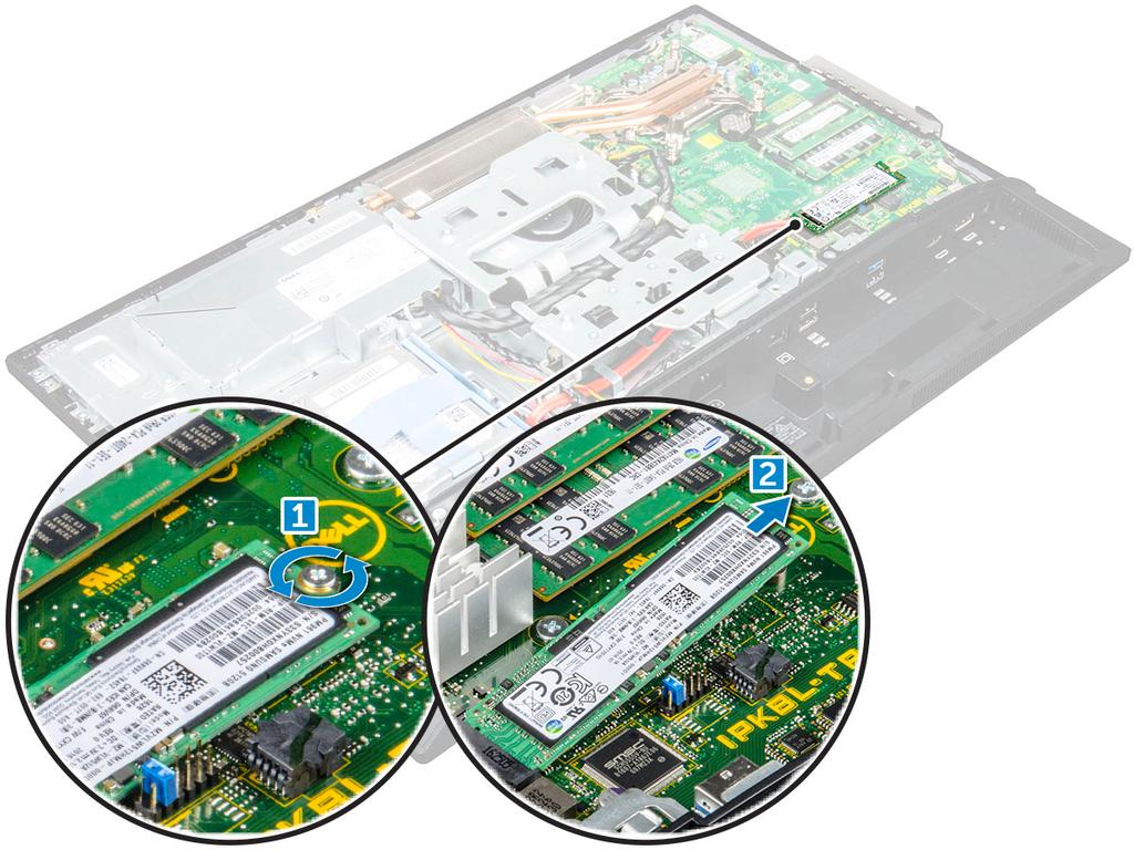 Como instalar a placa SSD 1 Insira a placa SSD no conector. 2 Aperte o parafuso para prender a placa SSD na placa de sistema.