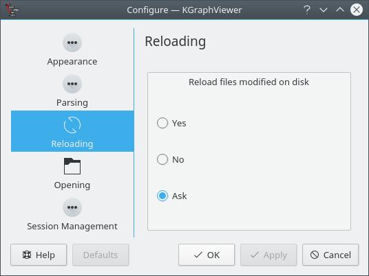 2.3 Configurar o KGraphViewer A página para Recarregar permite-lhe alterar o comportamento do KGraphViewer quando um ficheiro for modificado no disco.