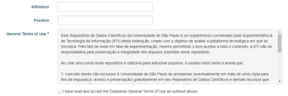 1.5 - Adição do termo de uso do repositório Dataverse: O registro de novos usuários no Dataverse é feito de forma livre, e a tela de registro foi alterada de forma a incluir o termo de uso do