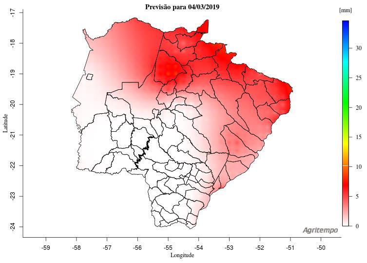 Previsão do tempo para o Mato Grosso do Sul De acordo com o modelo Agritempo (Sistema de Monitoramento Agro Meteorológico), a previsão do tempo indica que entre os dias 02/03 e 03/03, as regiões