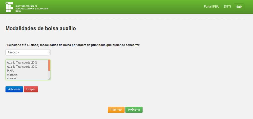 Após o sistema validar as informações da tela anterior e atualizar a base de dados, a tela de escolha das modalidades será apresentada.