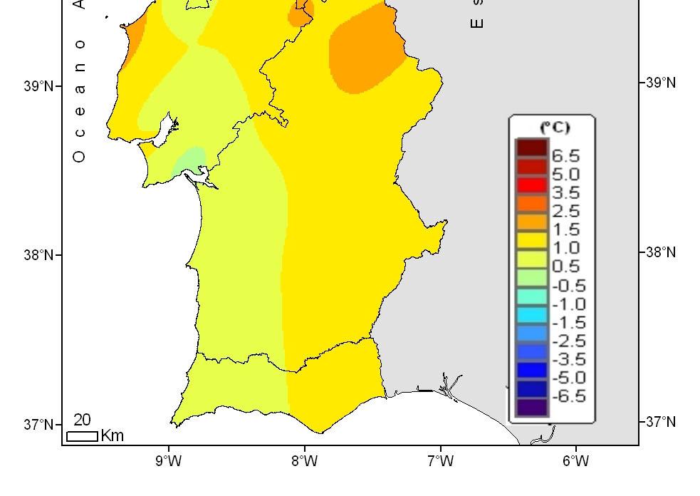 Finalmente, na 3ª década os valores observados variaram entre 16.1ºC em Penhas Douradas e 23.9ºC em Pinhão e os desvios variaram, entre +3.2ºC em Cabo Carvoeiro e +5.