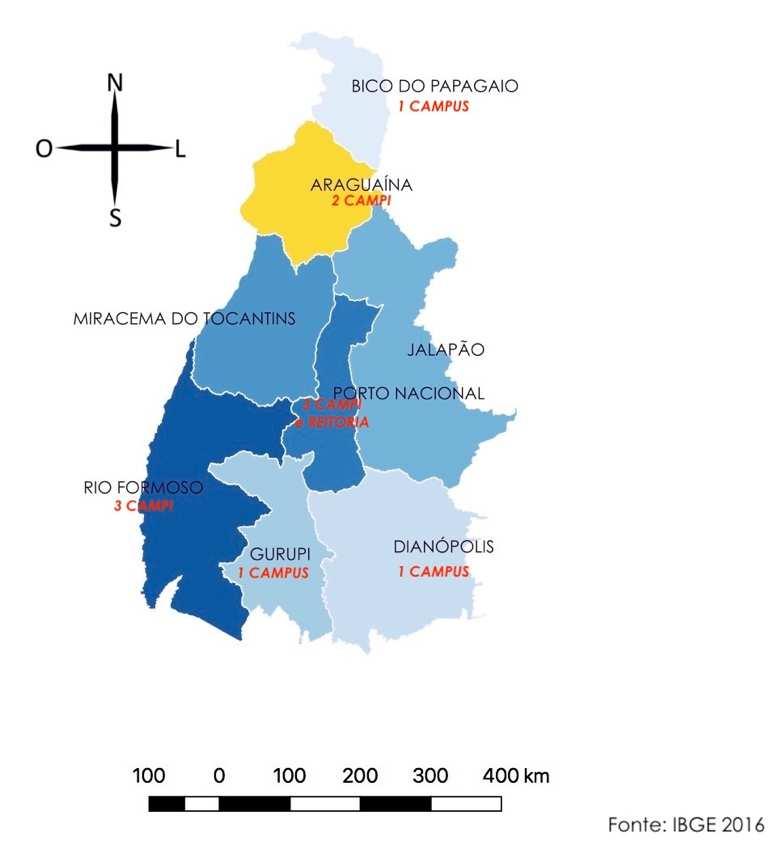 MAPA 1: MAPA DAS MICRORREGIÕES DO ESTADO DO TOCANTINS, EM 2018, COM DESTAQUE PARA A MICRORREGIÃO DE ARAGUAÍNA: Como se vê, as Microrregiões Jalapão e Miracema do Tocantins ainda não contam com Campus