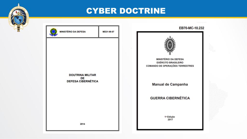 A Doutrina Militar de Defesa Cibernética é descrita no manual do Ministério da Defesa MD31-M-07, de 2014 enquanto