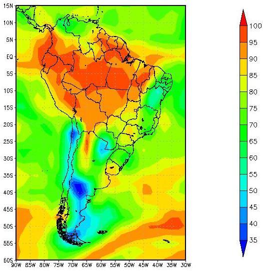 calor: (a) PNMM em hpa, (b) umidade relativa do ar no nível de 1000hpa (em unidades de %) (c) componente meridional do vento no nível de 850hpa