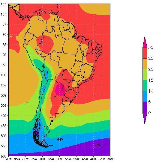 Observa-se na Figura 2 (a) uma região de baixa pressão que se estende desde a região da Patagônia até o norte do Paraguai e a presença do centro de Alta pressão posicionado sobre o Atlântico Sul