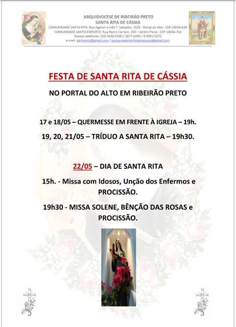 17 a 22/05: Festa de Santa Rita de Cássia no Portal do Alto 18/05: Reunião de Formação da 5ª Urgência