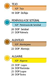 (IGP Península de Setúbal), Alentejo (IGP Alentejano), Algarve (IGP Algarve), Madeira (IGP Terras Madeirenses) e