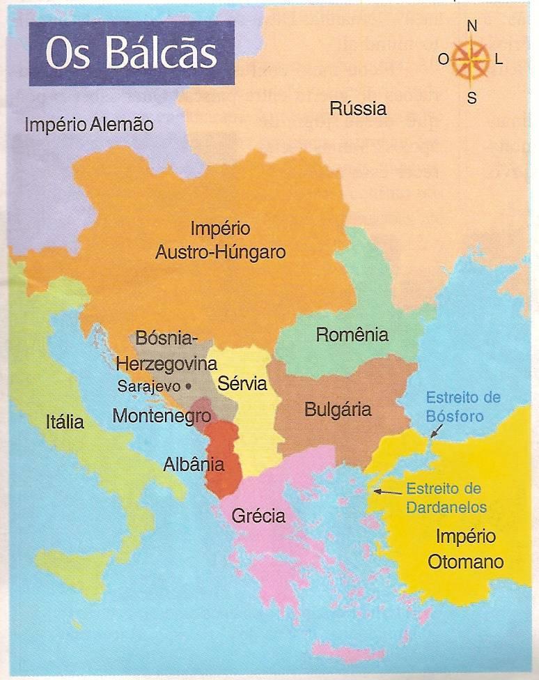 A QUESTÃO BALCÂNICA: Um dos principais focos de atrito entre as potências européias era a península Balcânica, onde se chocavam o nacionalismo da Sérvia (apoiada pela Rússia) e o expansionismo da