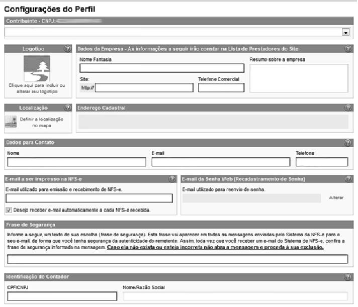 Página 13 de 107 Dados da Empresa; Dados para Contato; E-mail para recebimento de NFS-e; Identificação do Contador. Estabelecimentos localizados fora deste Município.